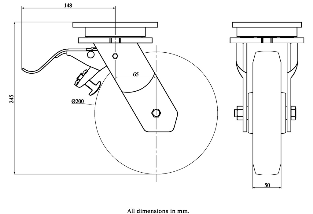 1500 series 200mm swivel/brake top plate 135x110mm castor with polyurethane on cast iron centre ball bearing wheel 1000kg - Castor dimensions