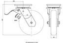 1500 series 200mm swivel/brake top plate 135x110mm castor with polyurethane on cast iron centre ball bearing wheel 1000kg - Castor dimensions