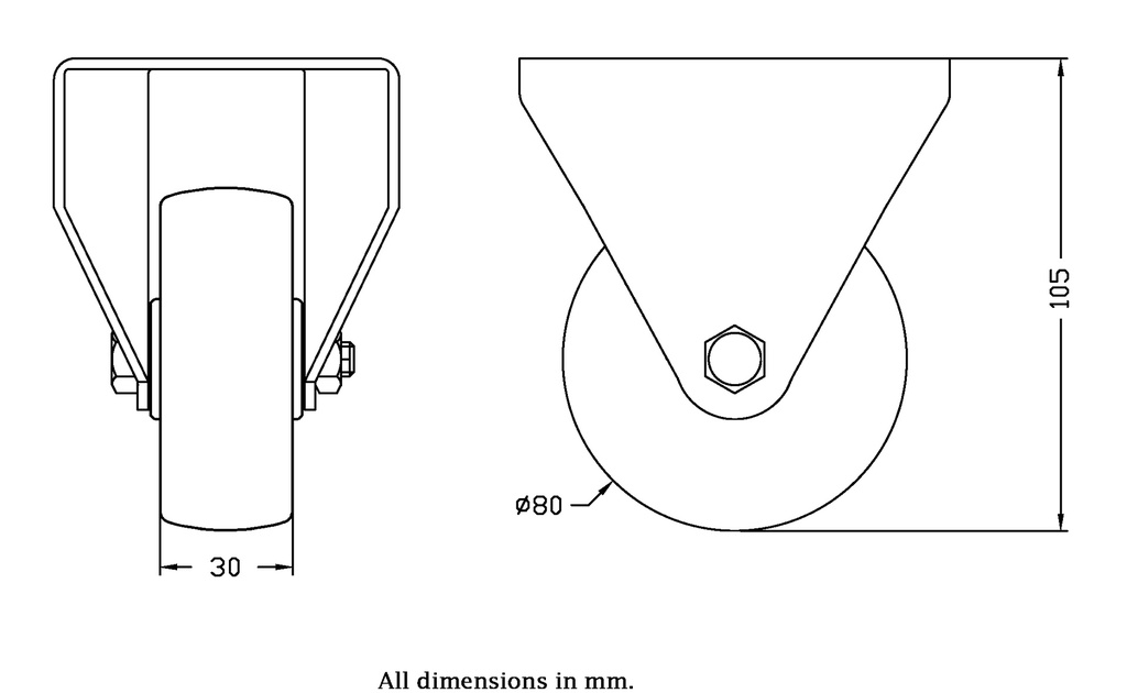 300SS series 80mm stainless steel fixed top plate 100x85mm castor with polyurethane on nylon centre plain bearing wheel 120kg - Castor dimensions
