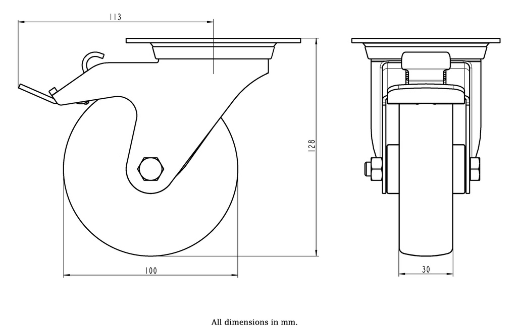 300SS series 100mm stainless steel swivel/brake top plate 100x85mm castor with polyurethane on nylon centre plain bearing wheel 150kg - Castor dimensions