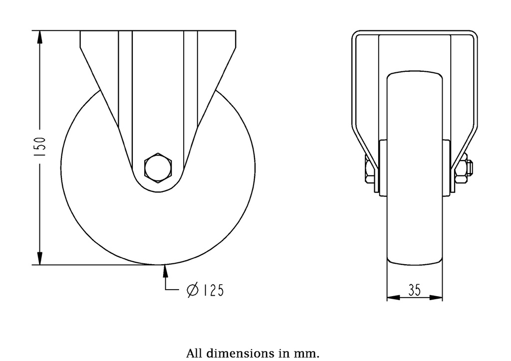 300SS series 125mm stainless steel fixed top plate 100x85mm castor with polyurethane on nylon centre plain bearing wheel 150kg - Castor dimensions