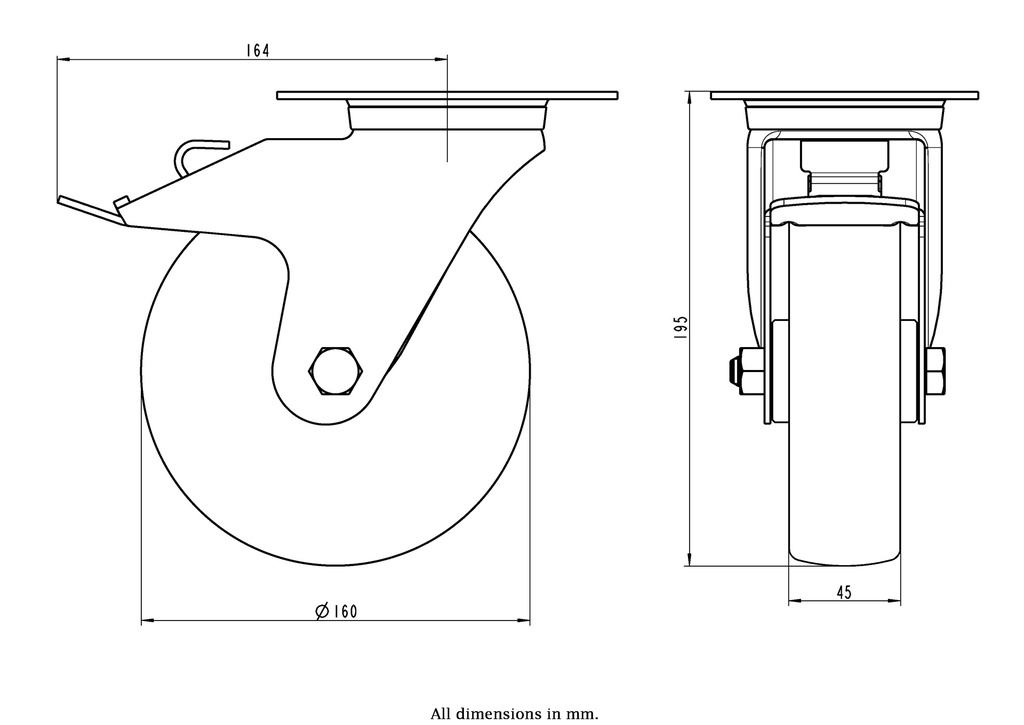 300SS series 160mm stainless steel swivel/brake top plate 140x110mm castor with polyurethane on nylon centre plain bearing wheel 300kg - Castor dimensions