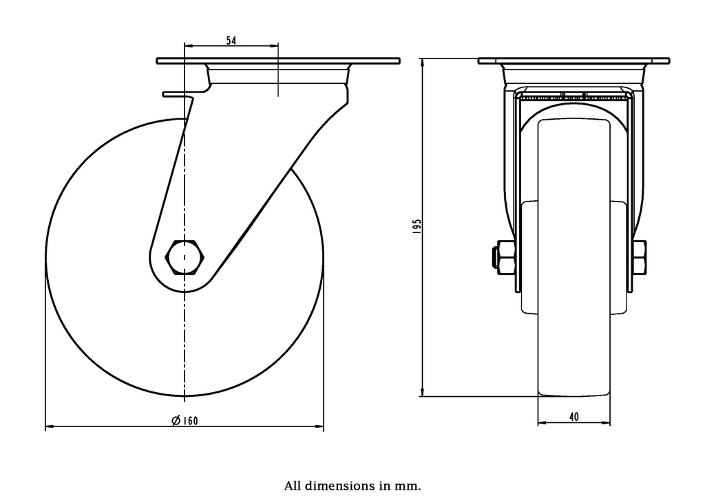 300SS series 160mm stainless steel swivel top plate 140x110mm castor with polyurethane on polypropylene centre stainless steel ball bearing wheel 300kg - Castor dimensions