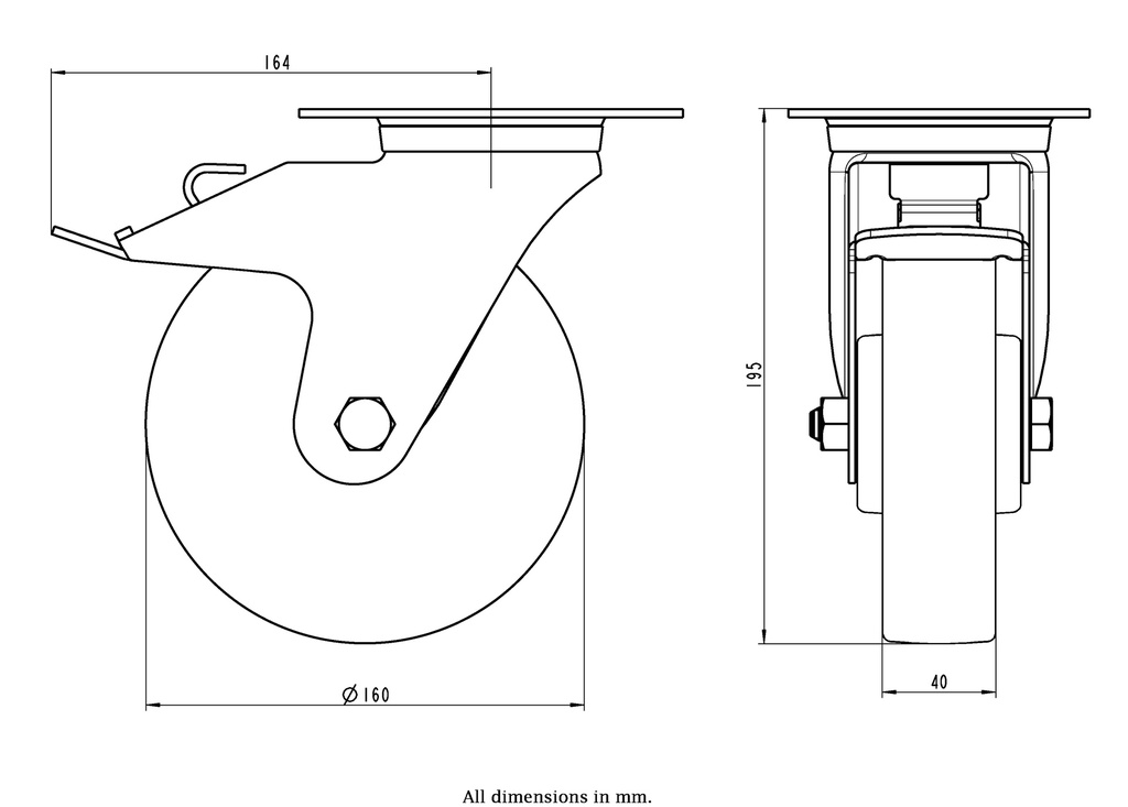 300SS series 160mm stainless steel swivel/brake top plate 140x110mm castor with polyurethane on polypropylene centre stainless steel ball bearing wheel 300kg