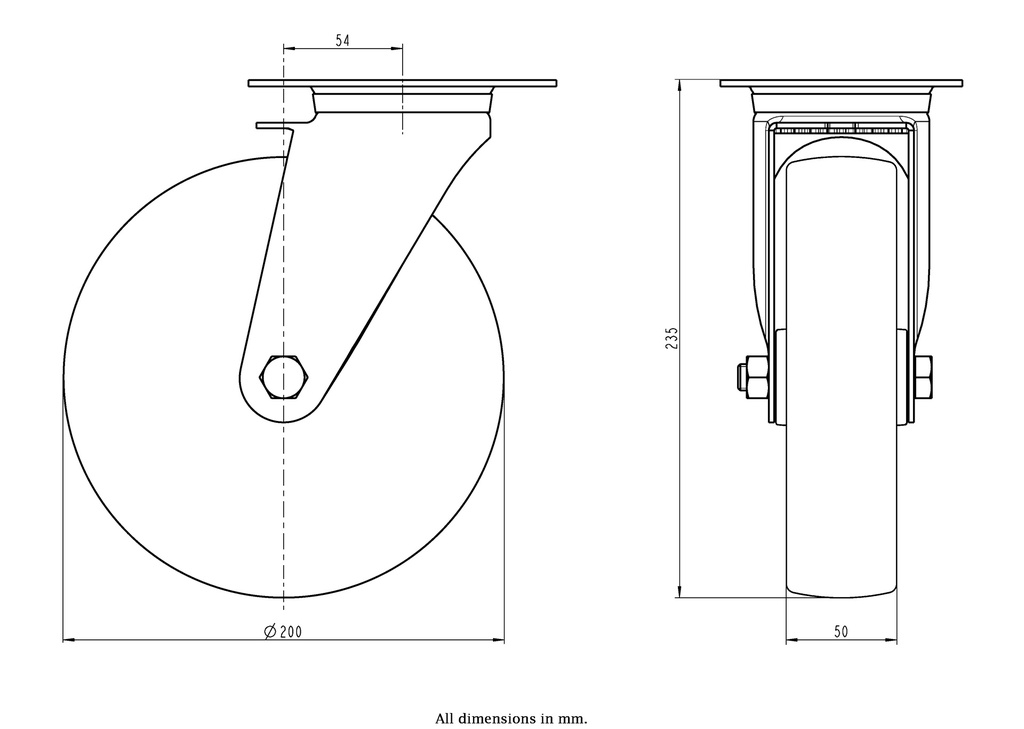 300SS series 200mm stainless steel swivel top plate 140x110mm castor with polyurethane on nylon centre plain bearing wheel 300kg - Castor dimensions