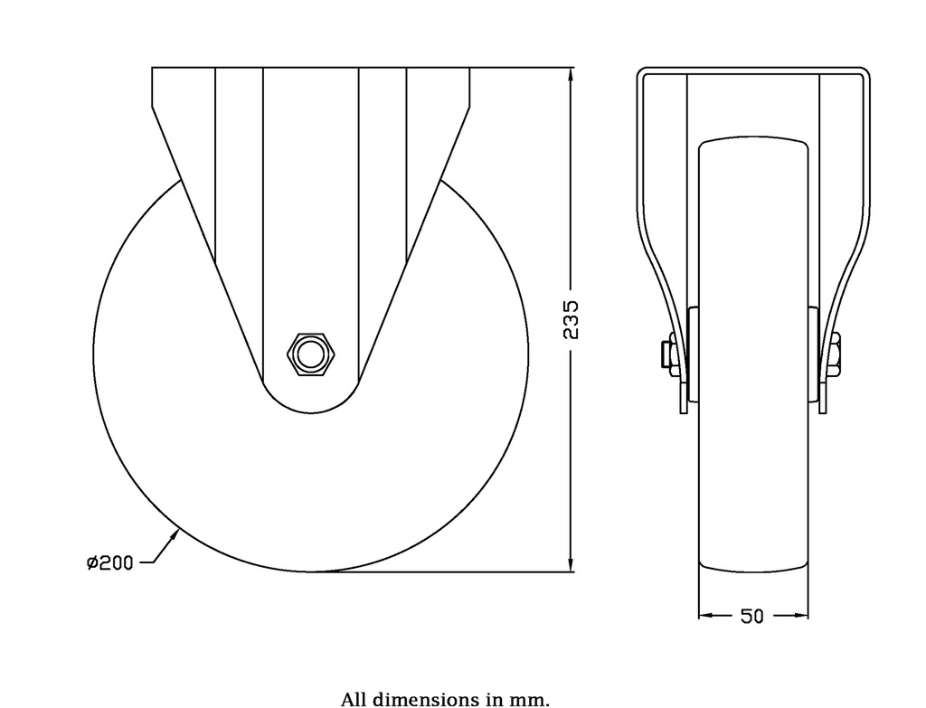 300SS series 200mm stainless steel fixed top plate 138x116mm castor with polyurethane on nylon centre plain bearing wheel 300kg - Castor dimensions