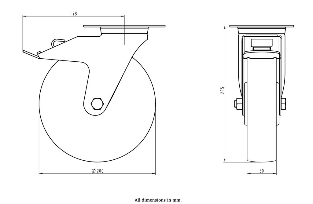 300SS series 200mm stainless steel swivel/brake top plate 140x110mm castor with polyurethane on polypropylene centre stainless steel ball bearing wheel 300kg - Castor dimensions