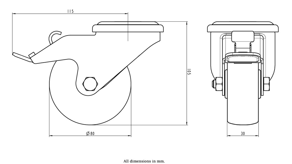 300SS series 80mm stainless steel swivel/brake bolt hole 12mm castor with polyurethane on nylon centre plain bearing wheel 120kg - Castor dimensions