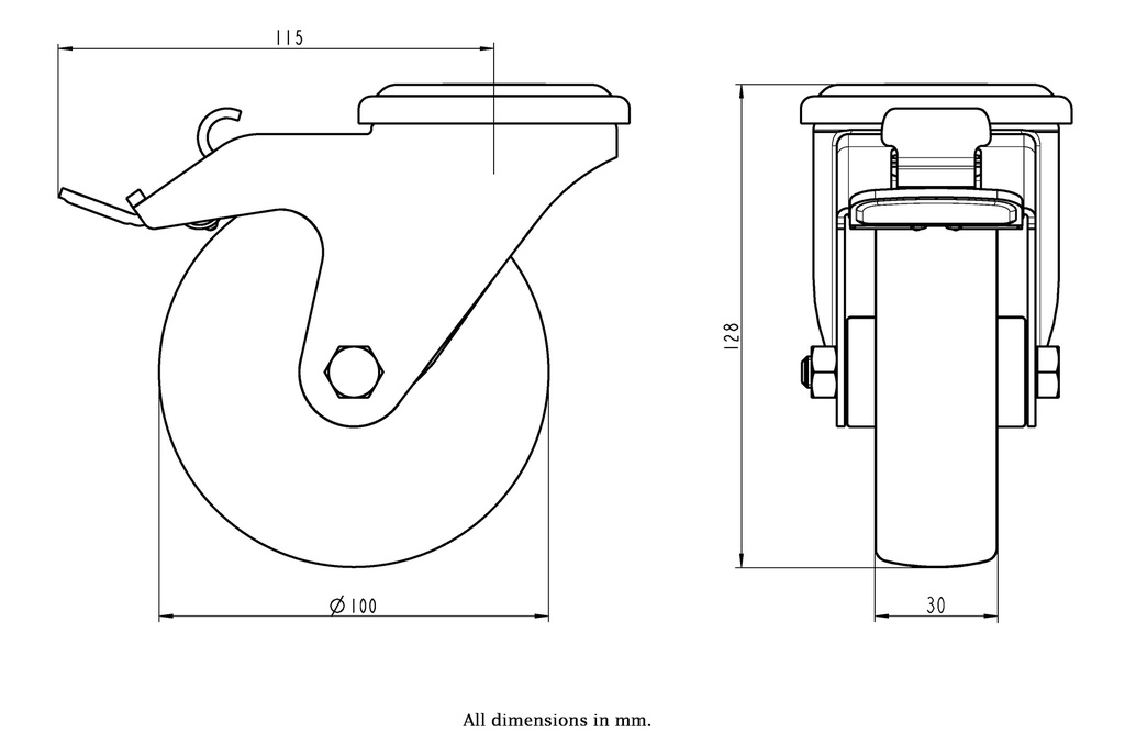 300SS series 100mm stainless steel swivel/brake bolt hole 12mm castor with polyurethane on nylon centre plain bearing wheel 150kg - Castor dimensions