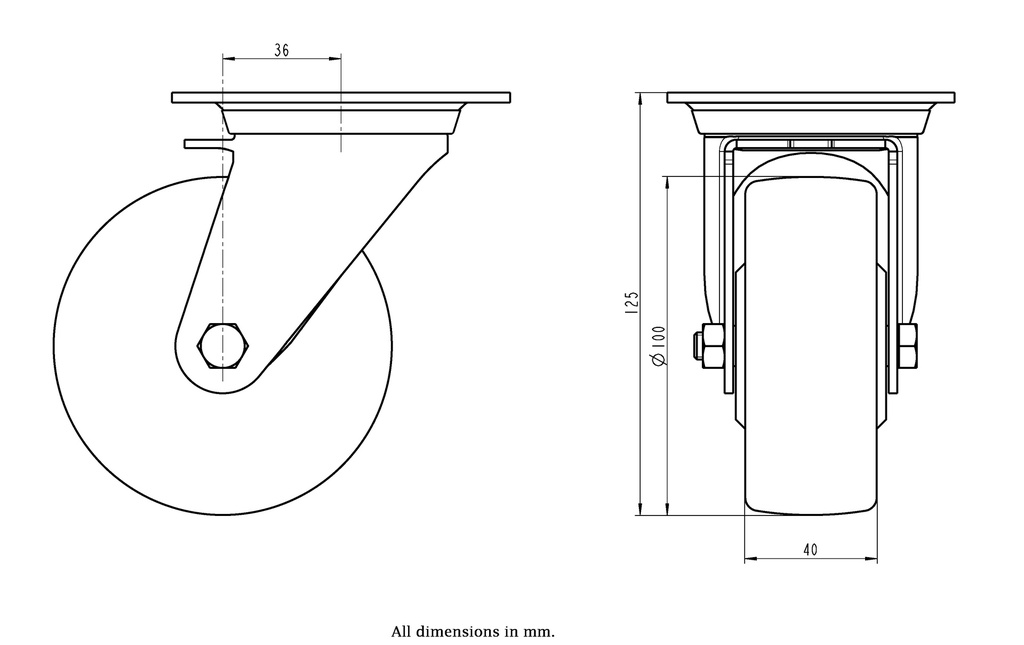 400SS series 100mm stainless steel swivel  top plate 100x85mm castor with polyurethane on nylon centre plain bearing wheel 250kg - Castor dimensions