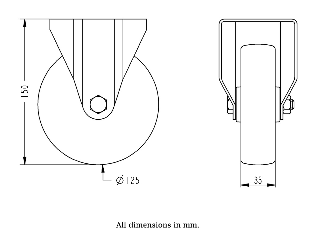 400SS series 125mm stainless steel fixed top plate 100x85mm castor with polyurethane on nylon centre plain bearing wheel 230kg - Castor dimensions