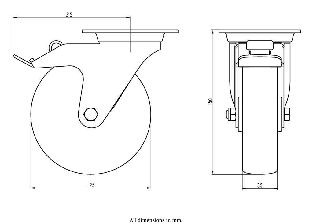 400SS series 125mm stainless steel swivel/brake top plate 100x85mm castor with polyurethane on nylon centre plain bearing wheel 230kg - Castor dimensions