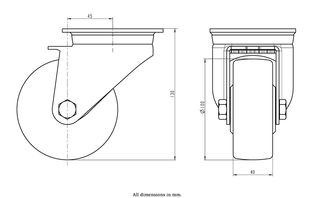 800SS series 100mm stainless steel swivel top plate 100x85mm castor with polyurethane on nylon centre plain bearing wheel 300kg - Castor dimensions