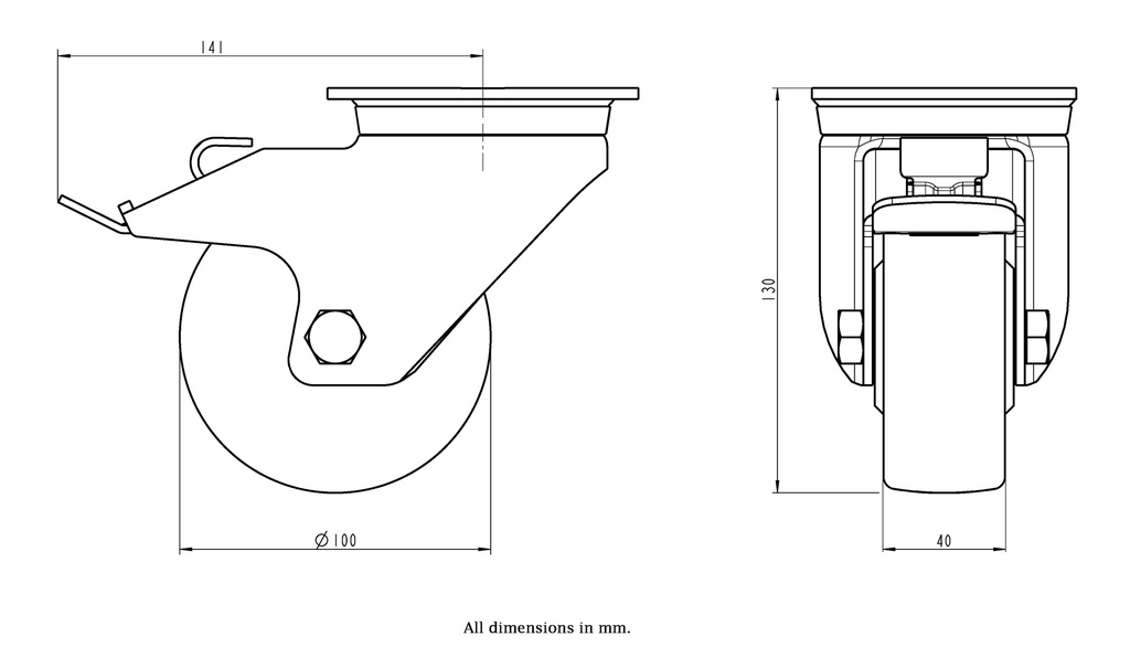 800SS series 100mm stainless steel swivel/brake top plate 100x85mm castor with polyurethane on nylon centre plain bearing wheel 300kg - Castor dimensions