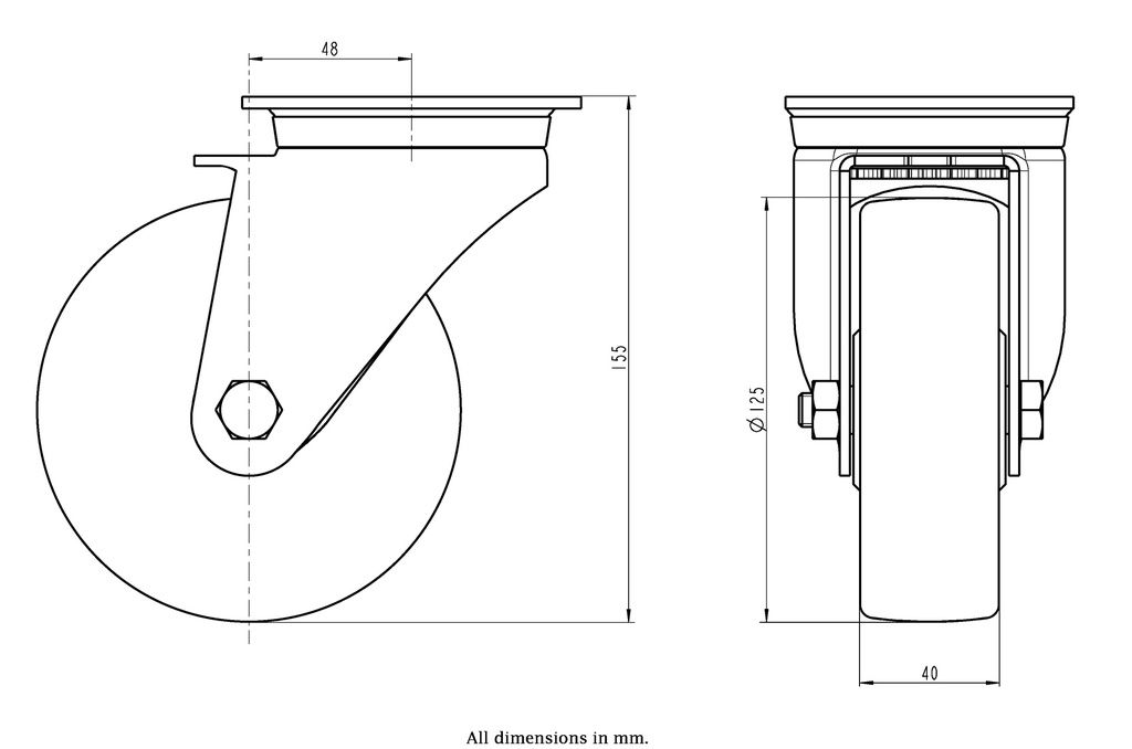 800SS series 125mm stainless steel swivel top plate 100x85mm castor with polyurethane on nylon centre plain bearing wheel 350kg - Castor dimensions