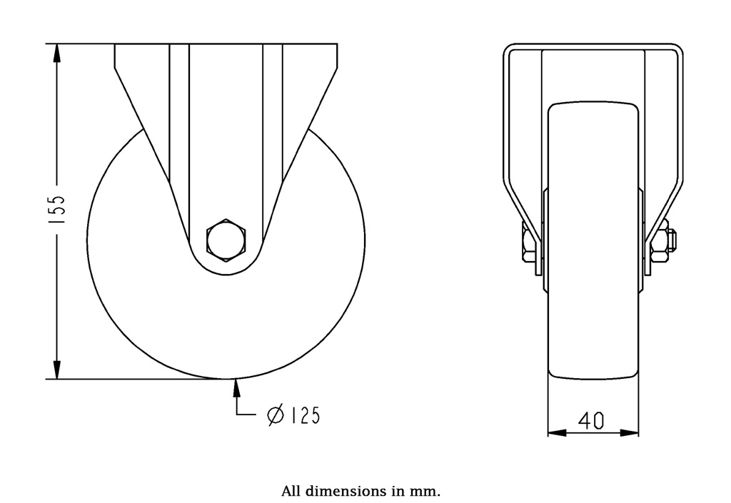 800SS series 125mm stainless steel fixed top plate 100x85mm castor with polyurethane on nylon centre plain bearing wheel 350kg - Castor dimensions