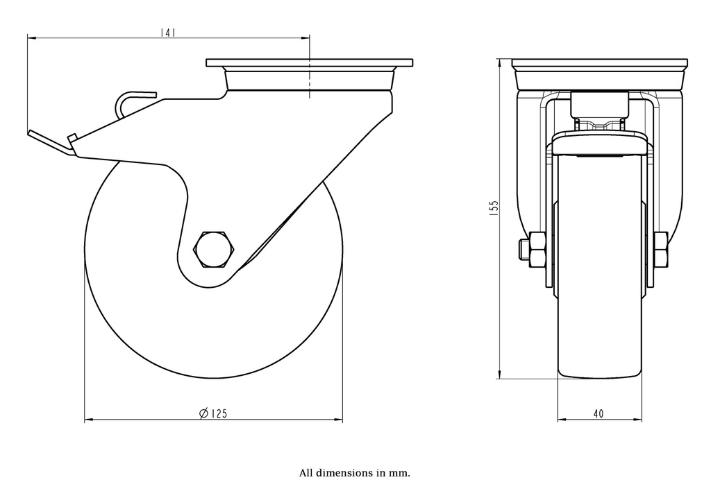 800SS series 125mm stainless steel swivel/brake top plate 100x85mm castor with polyurethane on nylon centre plain bearing wheel 350kg - Castor dimensions