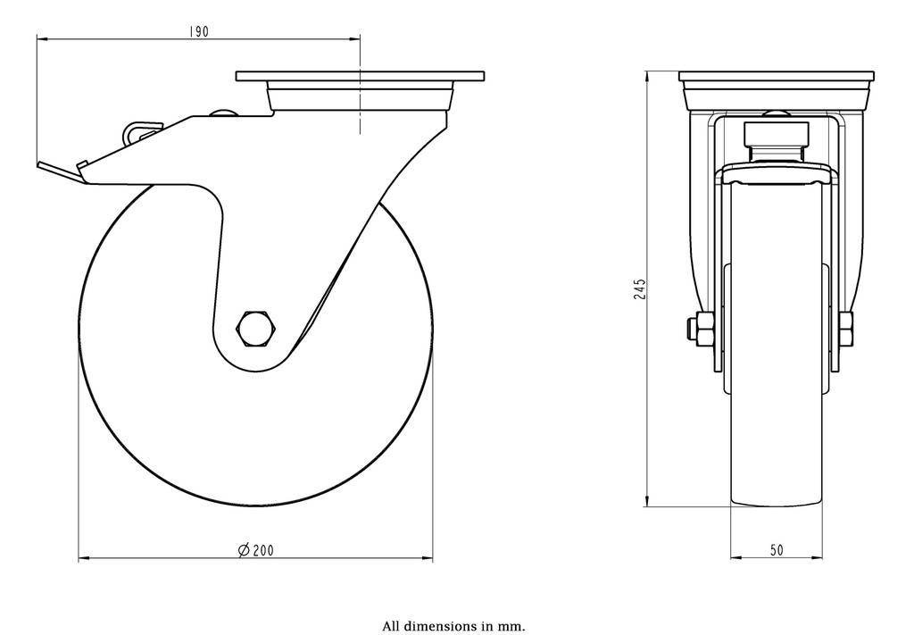 800SS series 200mm stainless steel swivel/brake top plate 140x110mm castor with polyurethane on nylon centre stainless steel ball bearing wheel 750kg - Castor dimensions