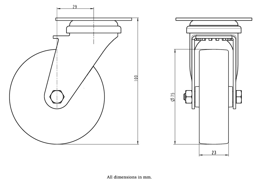 100SS series 75mm stainless steel swivel top plate 60x60mm castor with nylon plain bearing wheel 75kg - Castor dimensions