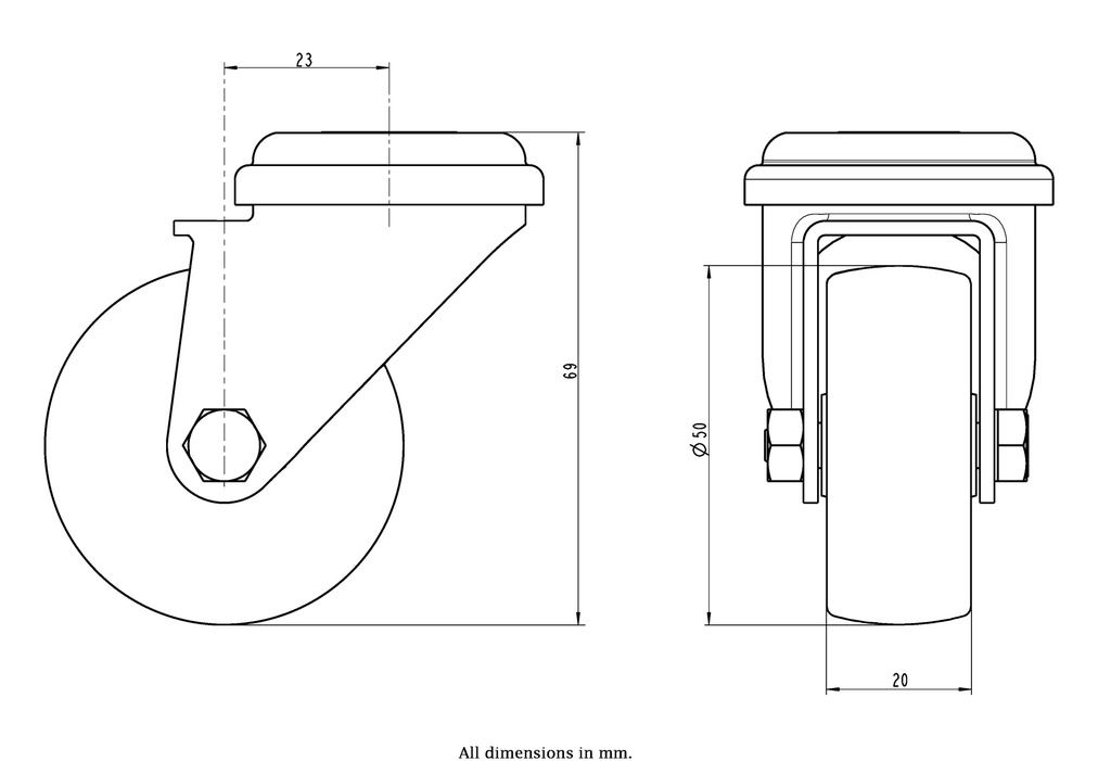 100SS series 50mm stainless steel swivel bolt hole 11mm castor with nylon tread on polypropylene centre plain bearing wheel 50kg - Castor dimensions