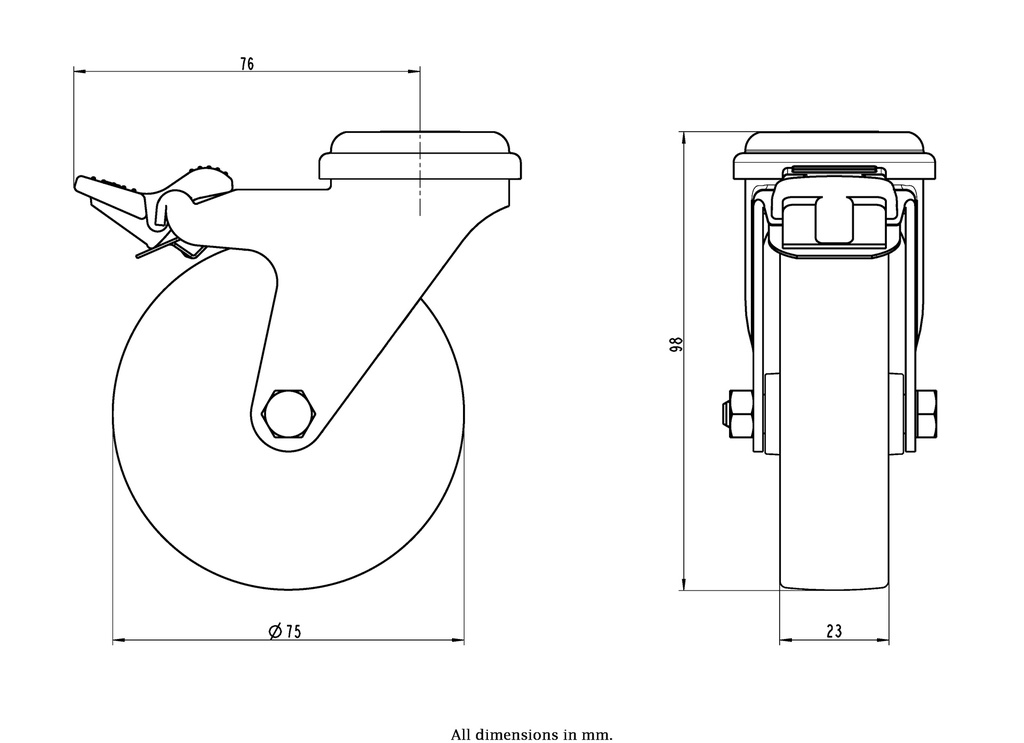 100SS series 75mm stainless steel swivel/brake bolt hole 11mm castor with nylon plain bearing wheel 75kg - Castor dimensions