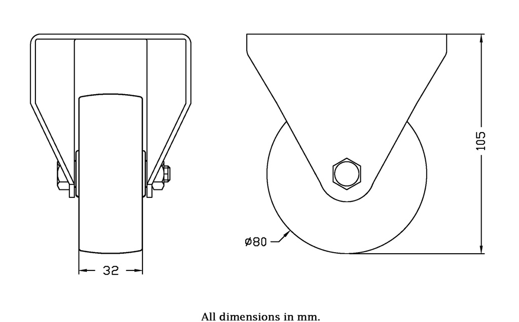 300SS series 80mm stainless steel fixed top plate 100x85mm castor with nylon plain bearing wheel 150kg - Castor dimensions