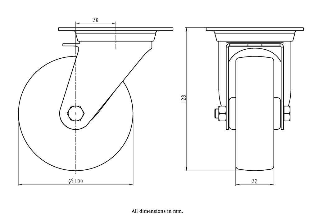 300SS series 100mm stainless steel swivel top plate 100x85mm castor with nylon plain bearing wheel 150kg