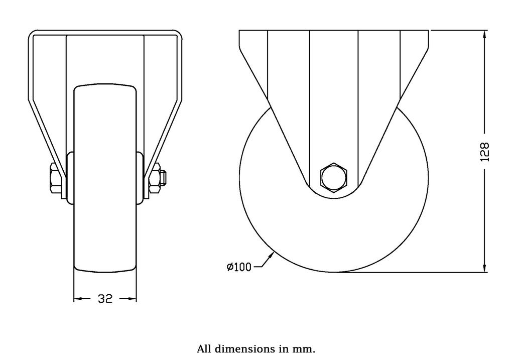 300SS series 100mm stainless steel fixed top plate 100x85mm castor with nylon plain bearing wheel 150kg - Castor dimensions