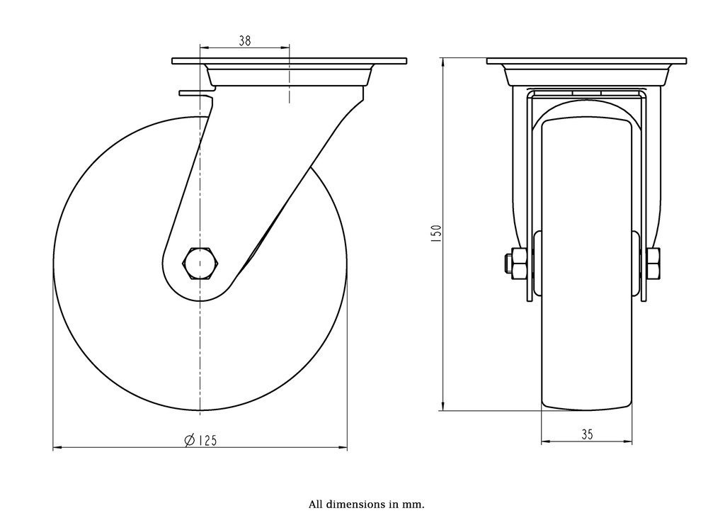 300SS series 125mm stainless steel swivel top plate 100x85mm castor with nylon plain bearing wheel 150kg - Castor dimensions