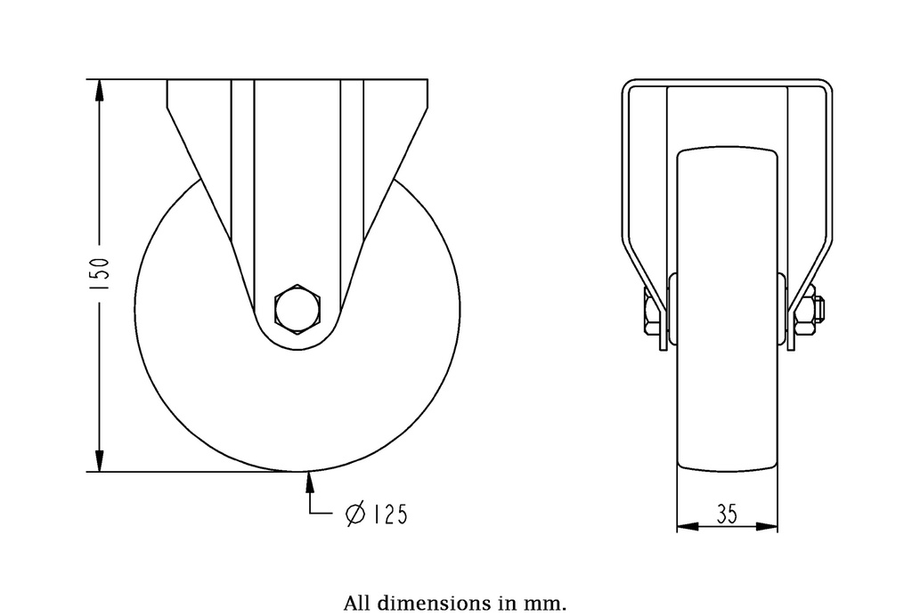 300SS series 125mm stainless steel fixed top plate 100x85mm castor with nylon plain bearing  wheel 150kg - Castor dimensions