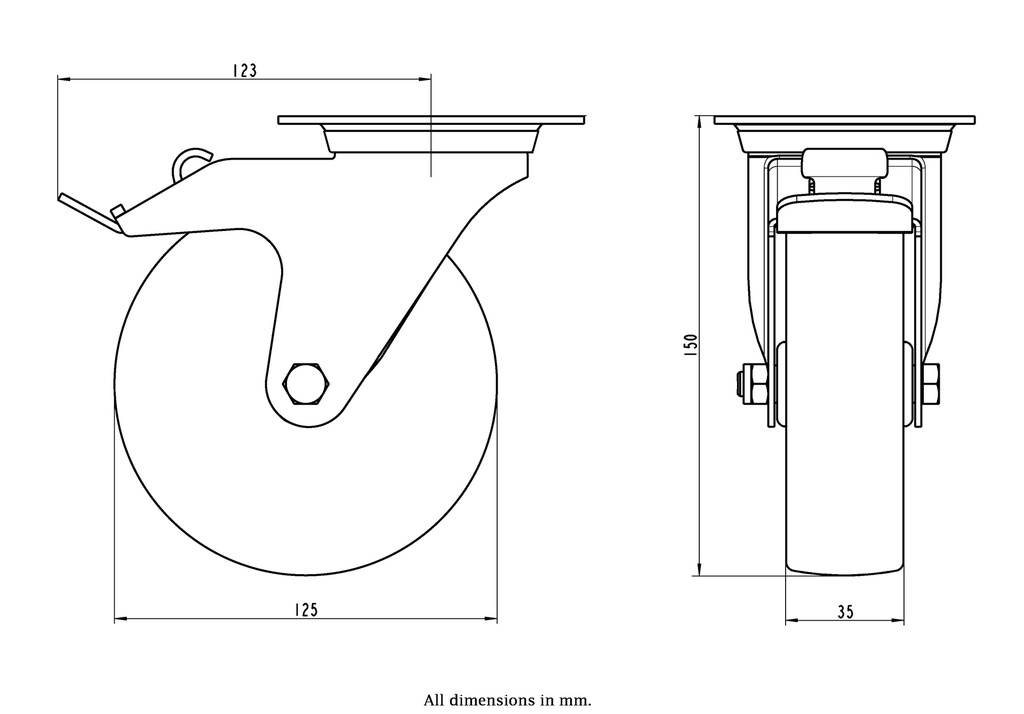 300SS series 125mm stainless steel swivel/brake top plate 100x85mm castor with nylon plain bearing wheel 150kg - Castor dimensions