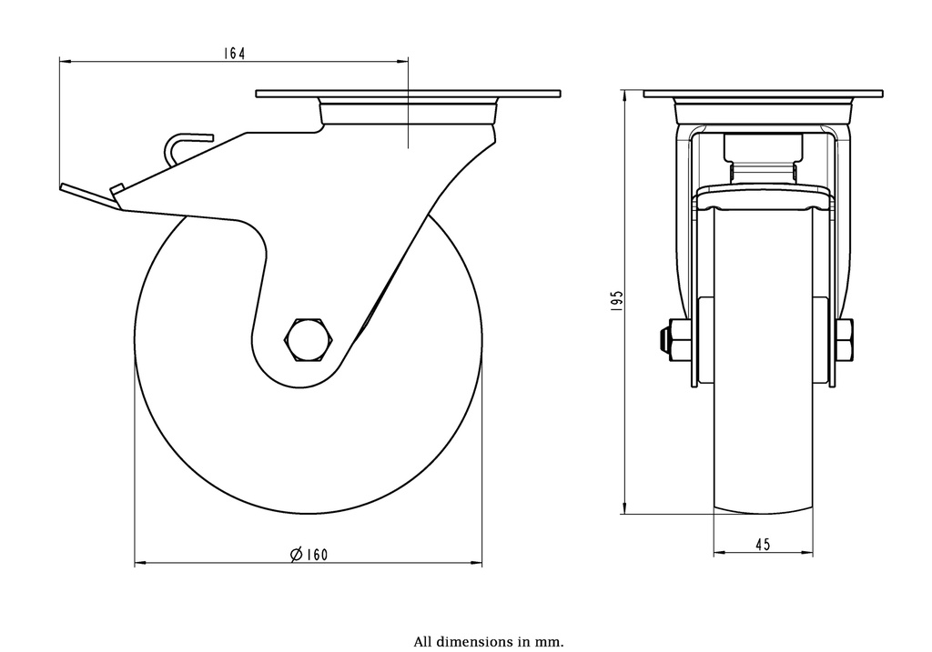 300SS series 160mm stainless steel swivel/brake top plate 140x110mm castor with nylon plain bearing wheel 300kg - Castor dimensions