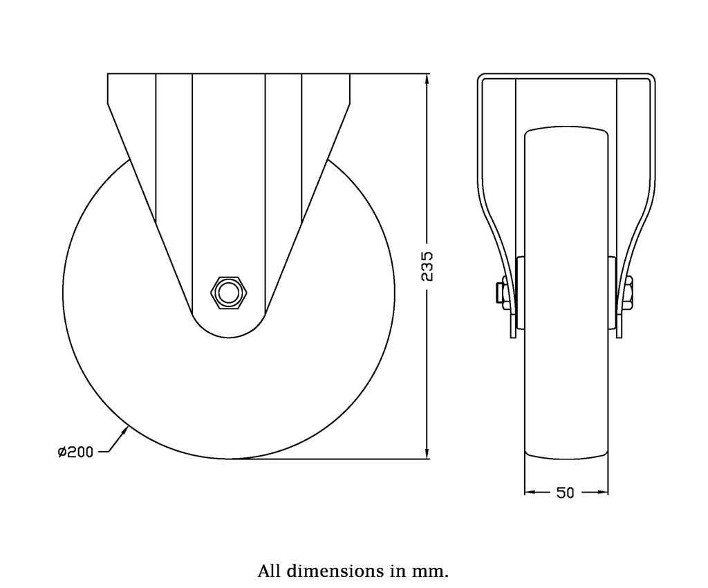 300SS series 200mm stainless steel fixed top plate 140x110mm castor with nylon plain bearing wheel 300kg - Castor dimensions