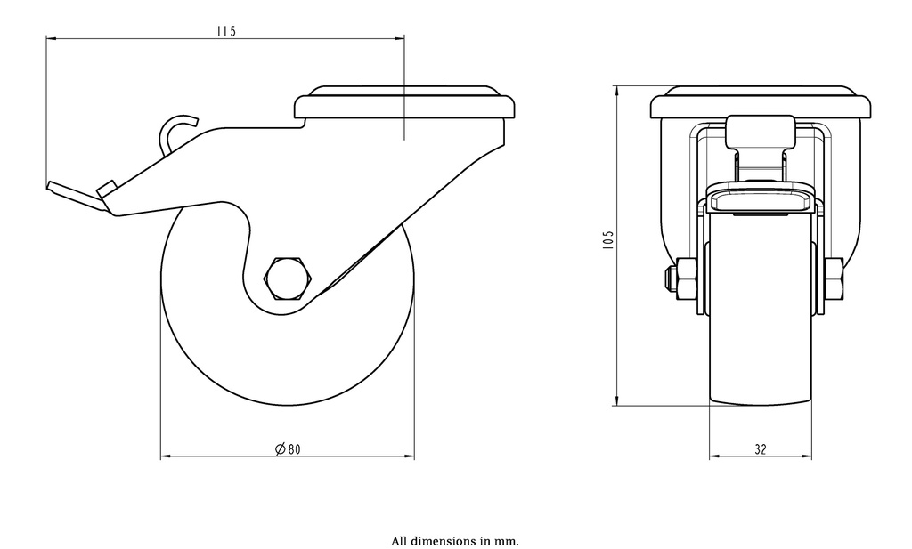 300SS series 80mm stainless steel swivel/brake bolt hole 12mm castor with nylon plain bearing wheel 150kg - Castor dimensions