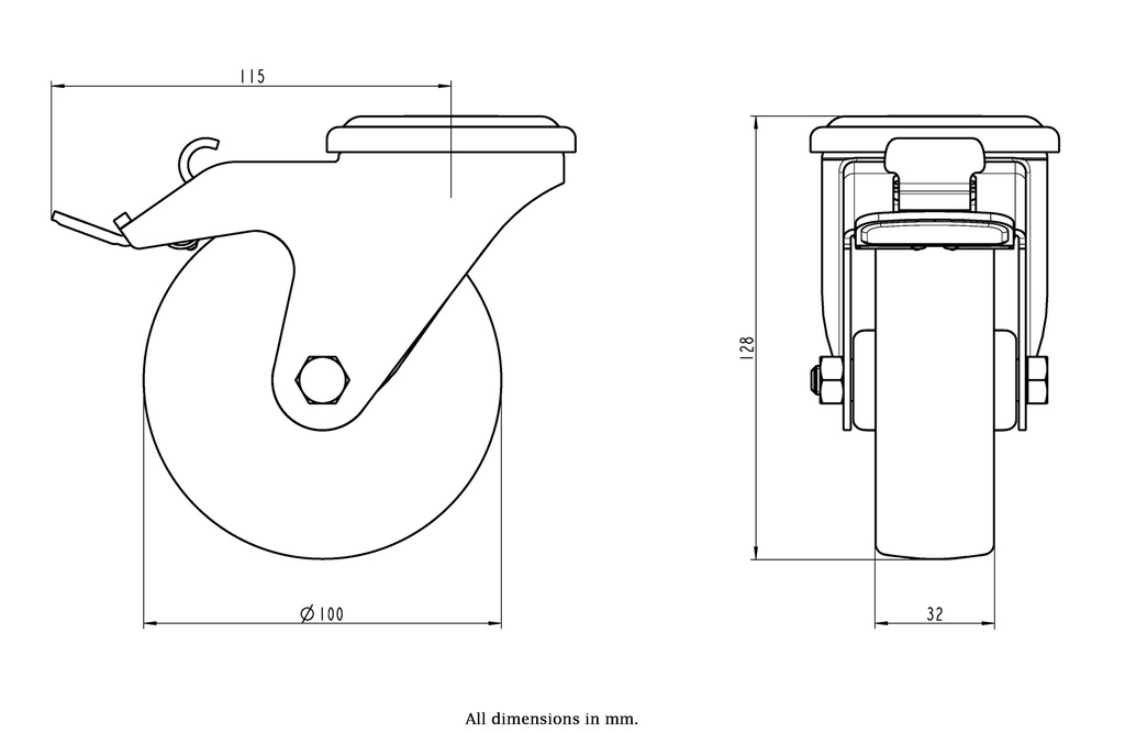 300SS series 100mm stainless steel swivel/brake bolt hole 12mm castor with nylon plain bearing wheel 150kg - Castor dimensions