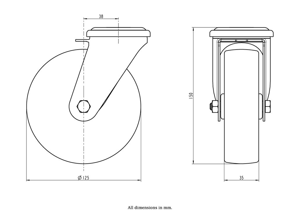 300SS series 125mm stainless steel swivel bolt hole 12mm castor with nylon plain bearing wheel 150kg - Castor dimensions