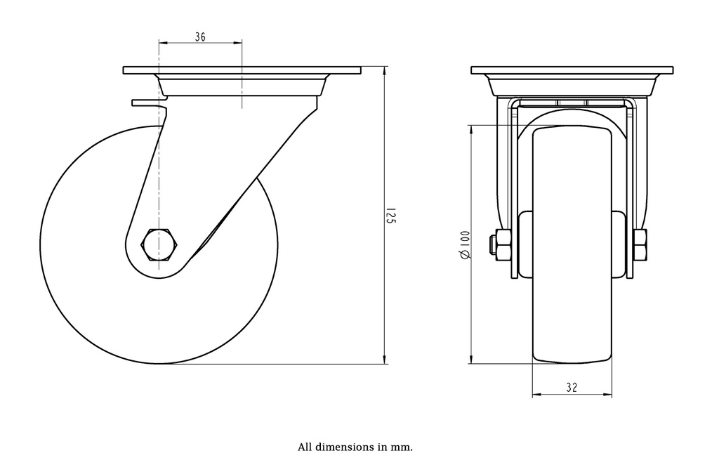400SS series 100mm stainless steel swivel top plate 100x85mm castor with nylon plain bearing wheel 250kg - Castor dimensions