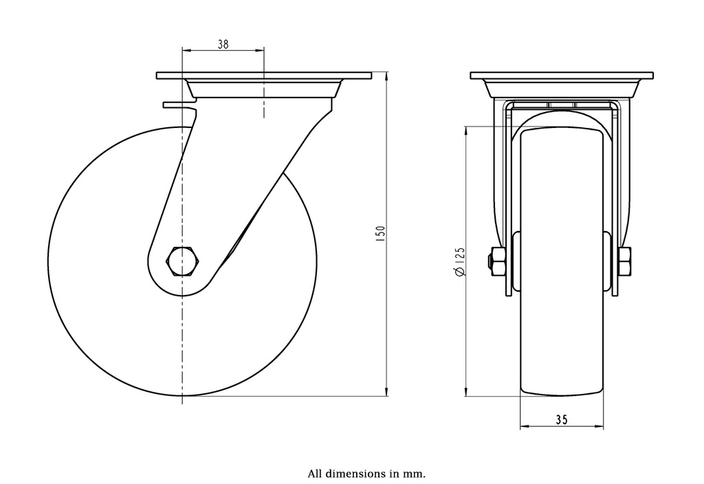 400SS series 125mm stainless steel swivel top plate 100x85mm castor with nylon plain bearing wheel 250kg - Castor dimensions