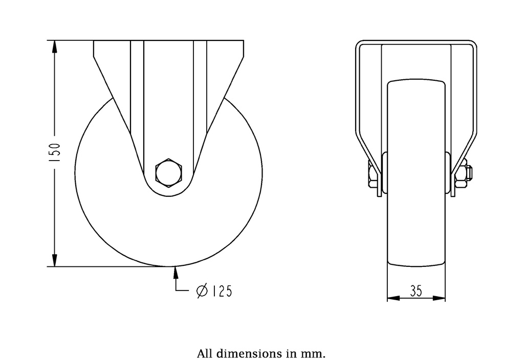 400SS series 125mm stainless steel fixed top plate 100x85mm castor with nylon plain bearing wheel 250kg - Castor dimensions