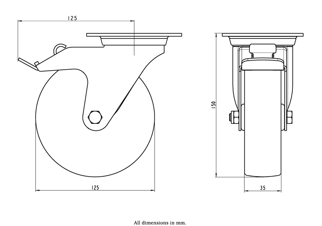 400SS series 125mm stainless steel swivel/brake top plate 100x85mm castor with nylon plain bearing wheel 250kg - Castor dimensions