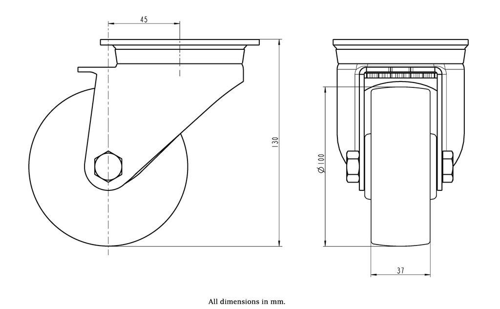 800SS series 100mm stainless steel swivel top plate 100x85mm castor with nylon plain bearing wheel 350kg - Castor dimensions