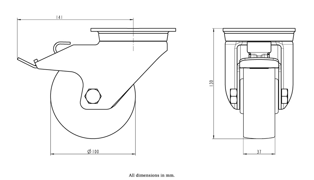 800SS series 100mm stainless steel swivel/brake top plate 100x85mm castor with nylon plain bearing wheel 350kg - Castor dimensions