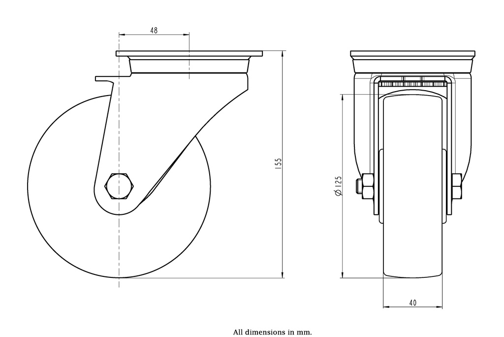 800SS series 125mm stainless steel swivel top plate 100x85mm castor with nylon plain bearing wheel 350kg - Castor dimensions