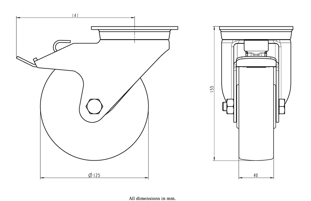 800SS series 125mm stainless steel swivel/brake top plate 100x85mm castor with nylon plain bearing wheel 350kg - Castor dimensions