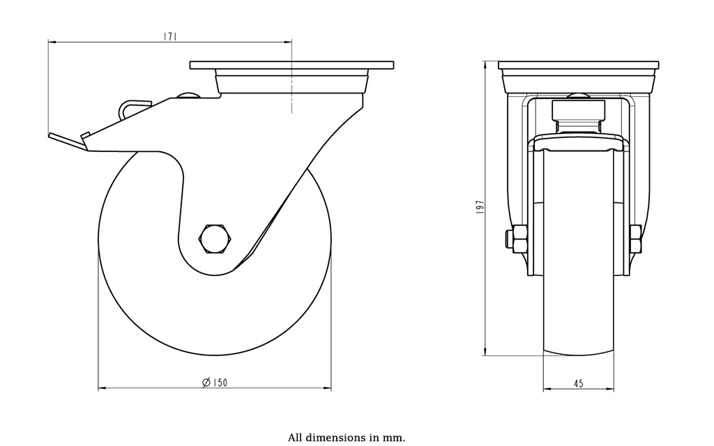 800SS series 150mm stainless steel swivel/brake top plate 140x110mm castor with nylon plain bearing wheel 800kg - Castor dimensions