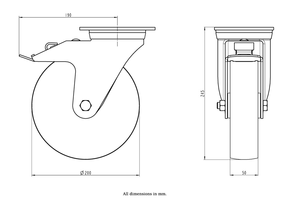 800SS series 200mm stainless steel swivel/brake top plate 140x110mm castor with nylon plain bearing wheel 800kg - Castor dimensions