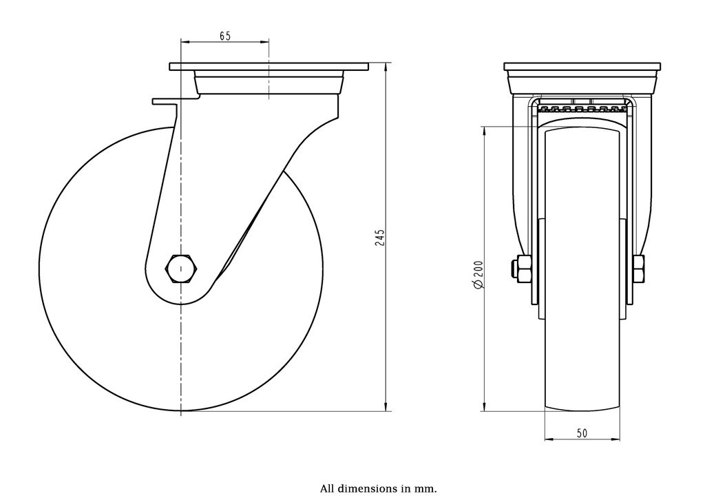 800SS series 200mm stainless steel swivel top plate 140x110mm castor with nylon stainless steel ball bearing wheel 800kg - Castor dimensions