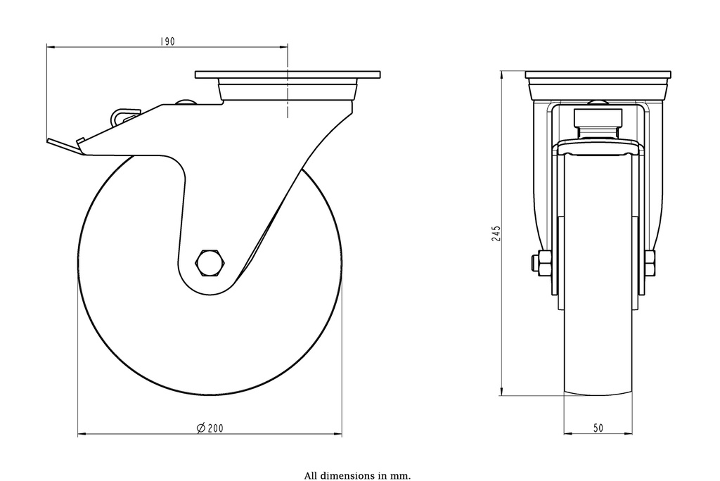 800SS series 200mm stainless steel swivel/brake top plate 140x110mm castor with nylon stainless steel ball bearings wheel 800kg - Castor dimensions