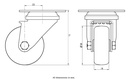 100SS series 50mm stainless steel swivel top plate 60x60mm castor with electrically conductive grey TPR-rubber on polypropylene centre plain bearing wheel 30kg - Castor dimensions
