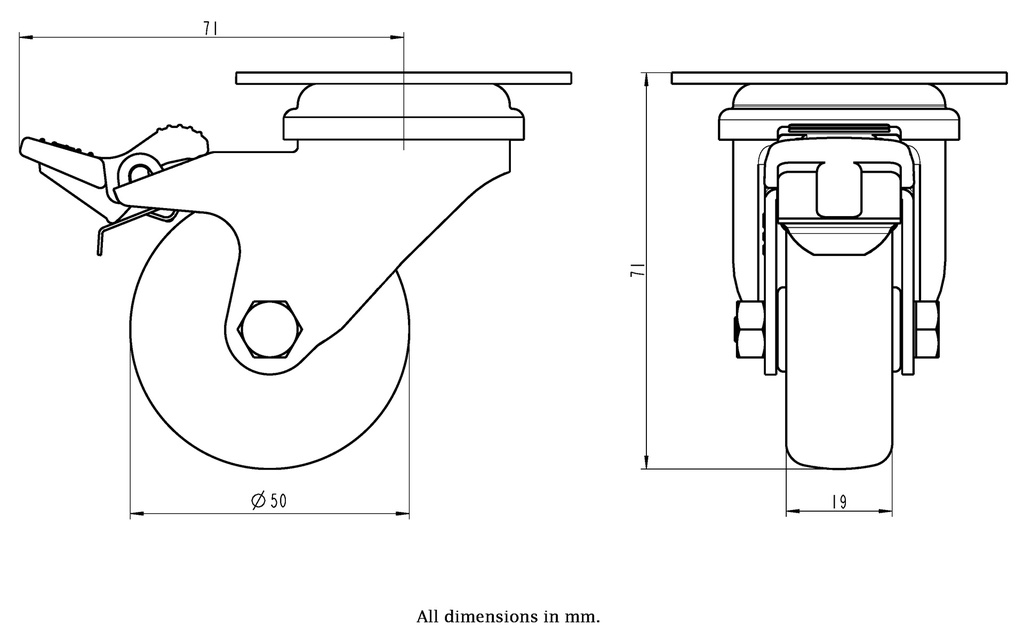 100SS series 50mm stainless steel swivel/brake top plate 60x60mm castor with electrically conductive grey TPR-rubber on polypropylene centre plain bearing wheel 30kg - Castor dimensions